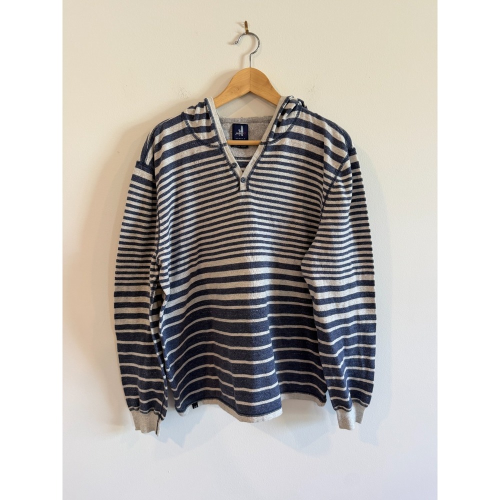 Johnnie-O Hooded Henley Linen Blend Pullover Blue White Striped Men's L